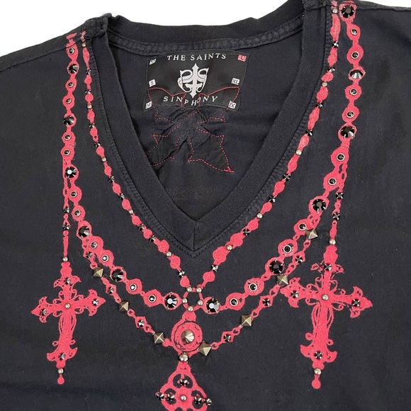 The Saints Sinphony Men’s Shirt Crosses Stars Stripes Studded Graphic Large - Picture 11 of 14